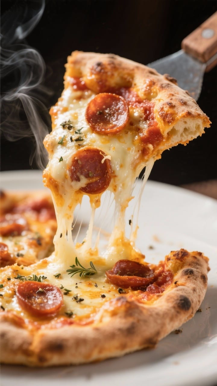 Close-up detail of a single mini pizza being lifted slightly with a spatula to show the ultra-crispy