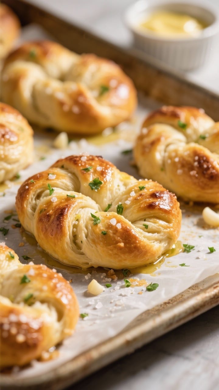 Close-up detail of golden garlic knots on a parchment-lined sheet pan, baked at 425°F: glossy from 