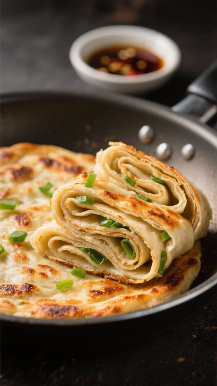 Close-up detail of pan-fried scallion pancake-inspired flatbread in a skillet: layered coils rolled 