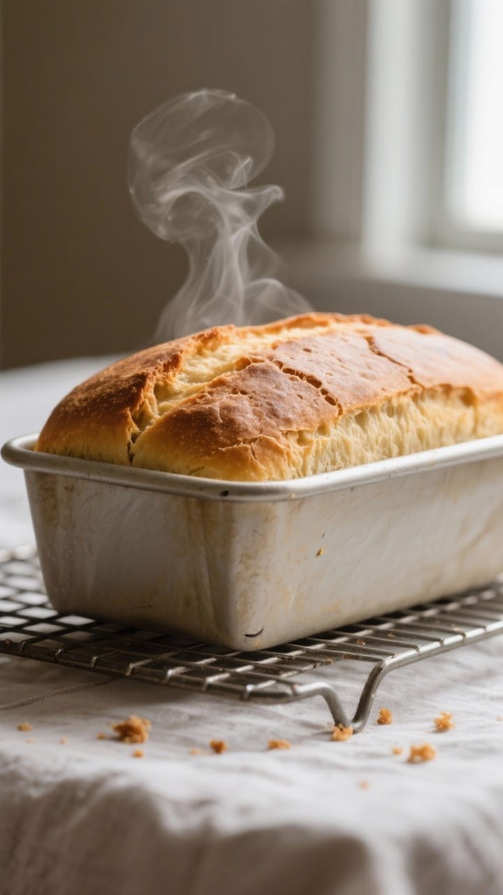 Close-up detail shot: A freshly baked pan loaf just out of the tin, deep golden crust with a clean s