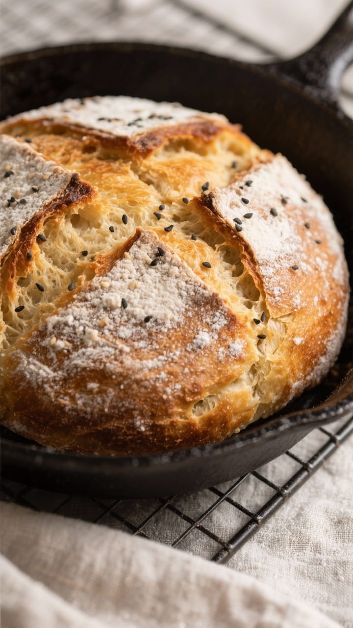 Close-up detail shot: A freshly baked round loaf of emergency bread just out of a preheated cast-iro