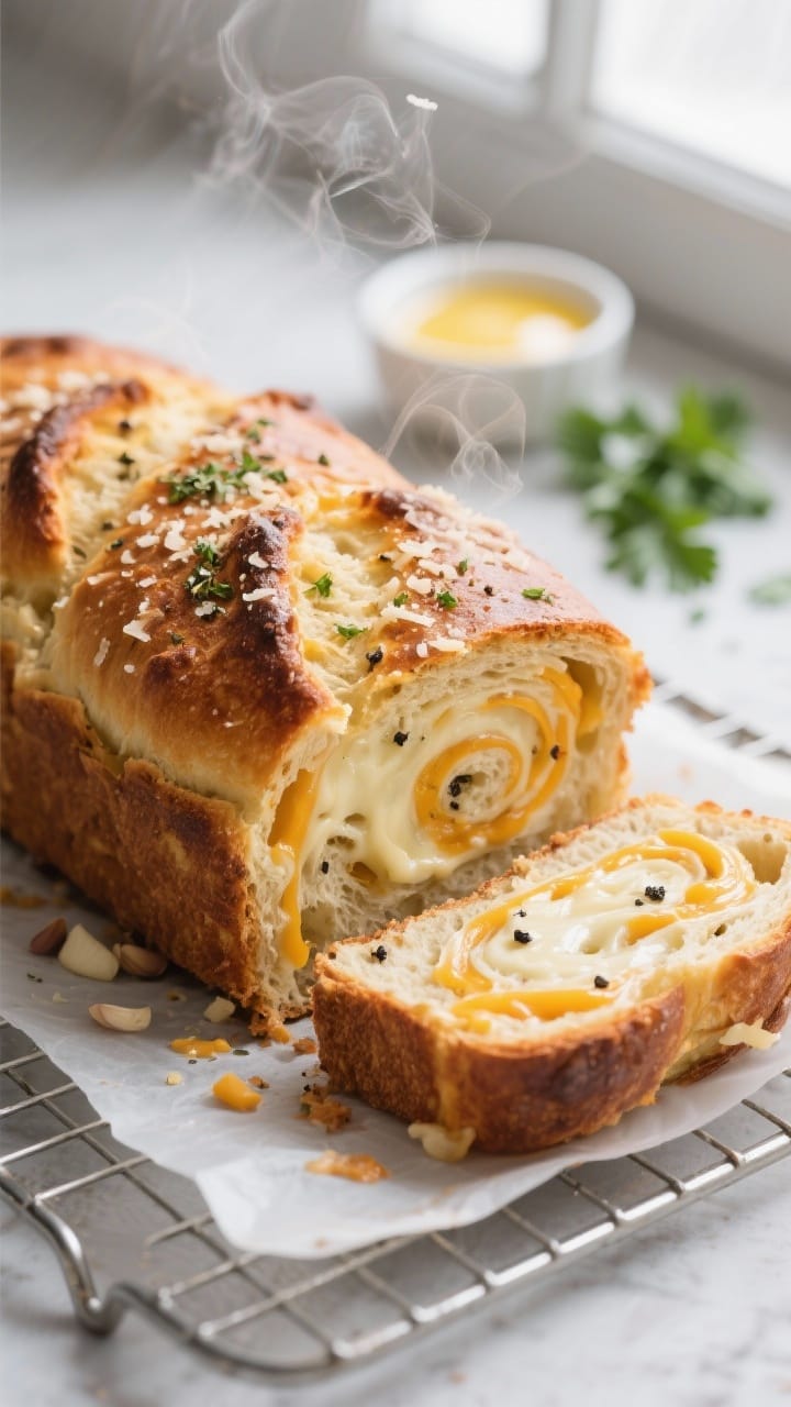 Close-up detail shot: A freshly baked savory cheese bread loaf just out of the pan, crust deep golde