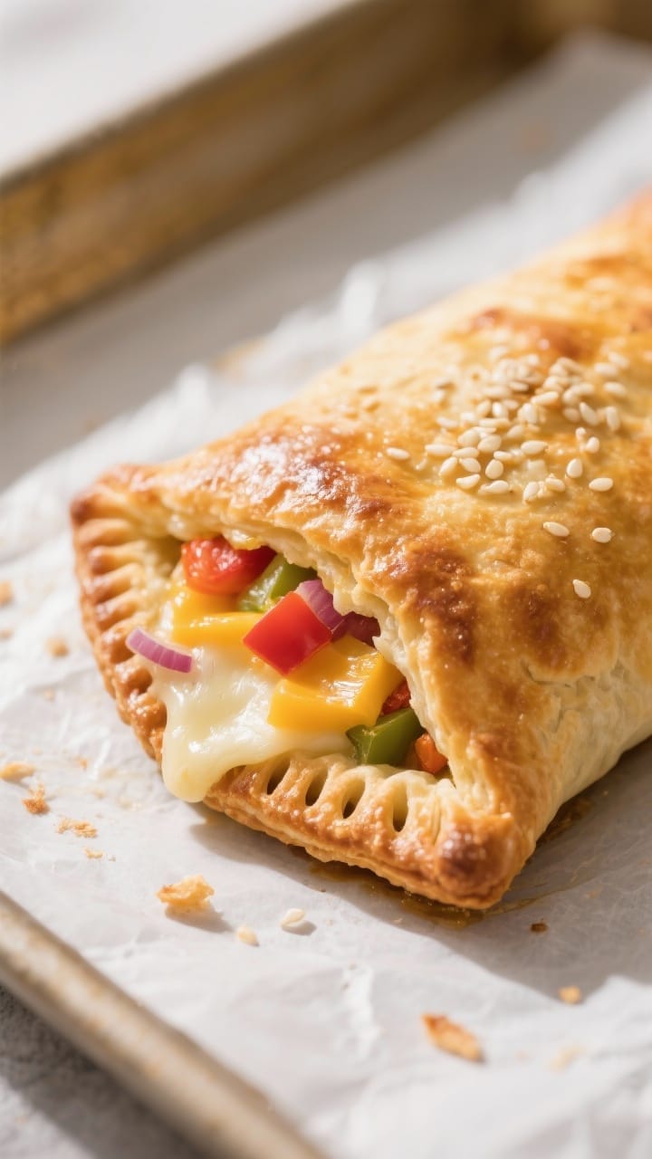 Close-up detail shot: A golden-brown stuffed dough snack pocket just out of the oven, crimped fork-s