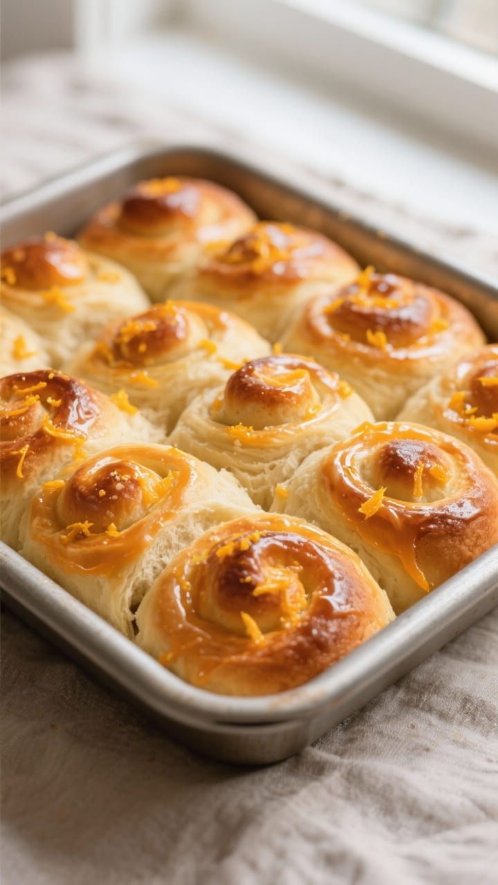 Close-up detail shot: A pan of freshly baked orange sweet rolls just out of the oven, golden tops wi
