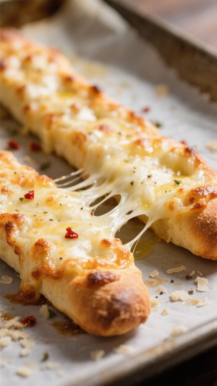Close-up detail shot: Freshly baked cheesy breadsticks just out of the oven, edges golden with blist