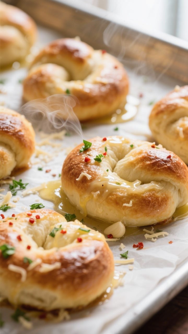 Close-up detail shot: freshly baked garlic knots just out of the oven, golden-brown tops and lightly