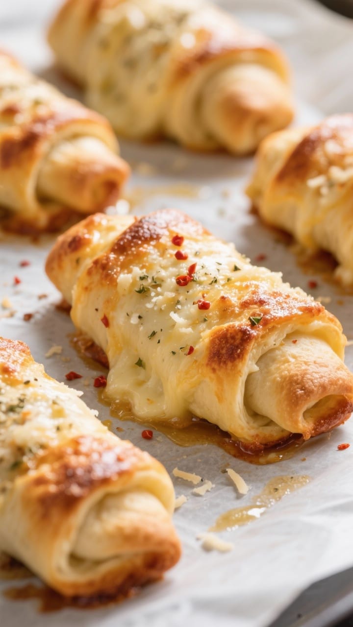 Close-up detail shot: freshly baked pizza rolls just out of the oven on a parchment-lined sheet, gol