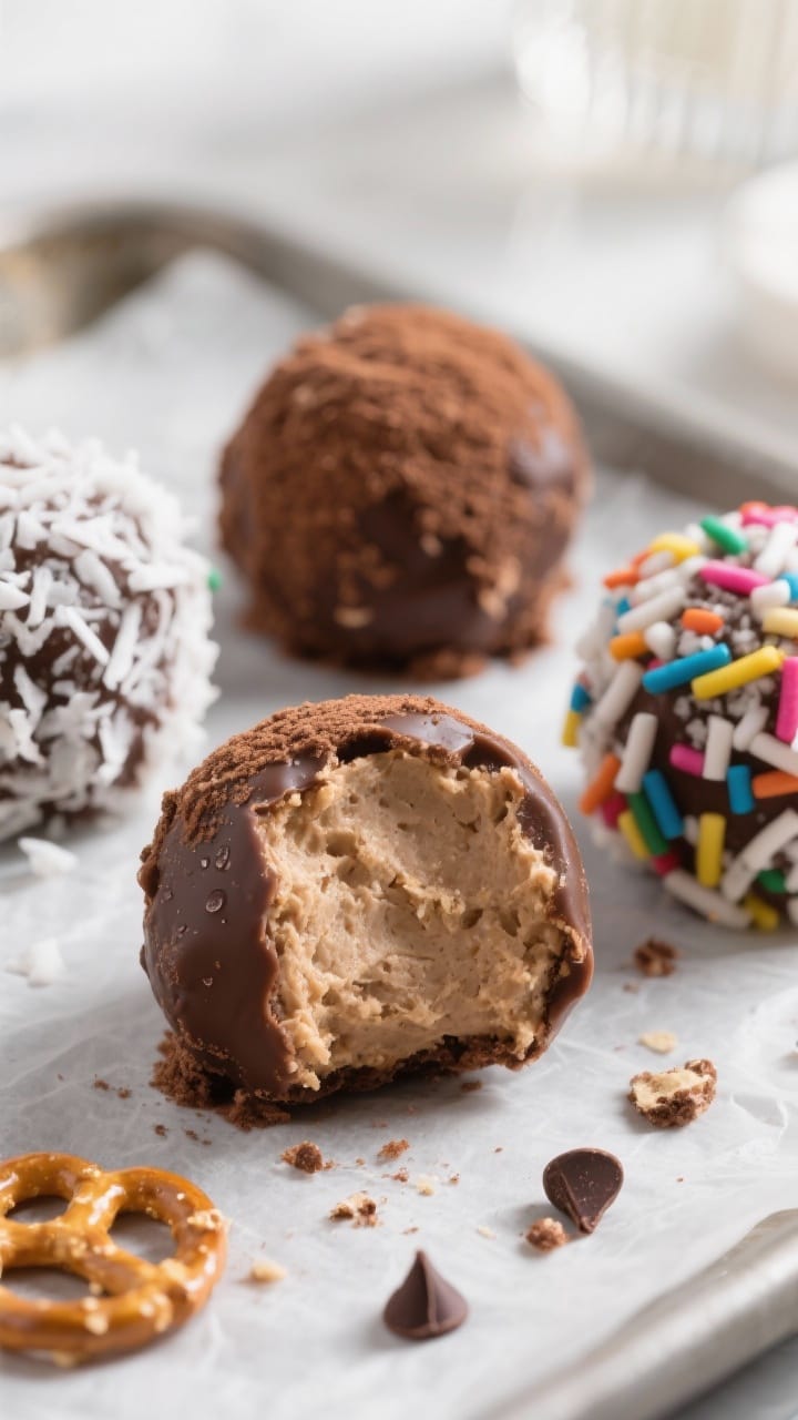Close-up detail shot of chilled no-bake dessert balls rolled in three coatings—velvety cocoa powde