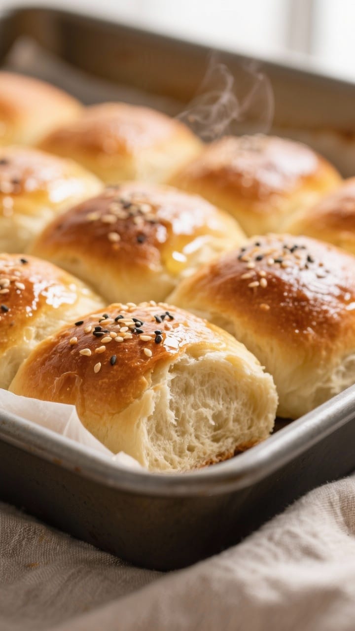 Close-up detail shot of freshly baked quick dinner rolls still in the 9x13 pan, tops deeply golden w