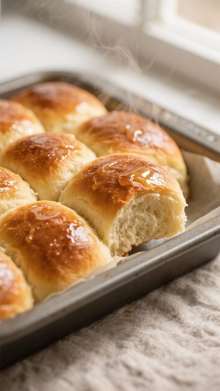 Close-up detail shot of freshly baked vegan dinner rolls still in the 9x13-inch pan, tops deeply gol