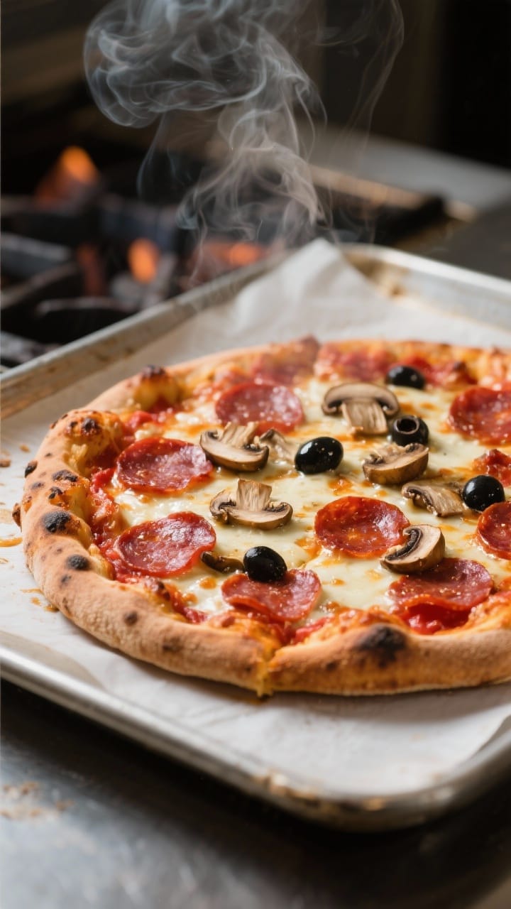 Cooking process: Assembled pizza mid-bake being pulled onto an inverted sheet pan with parchment, sh
