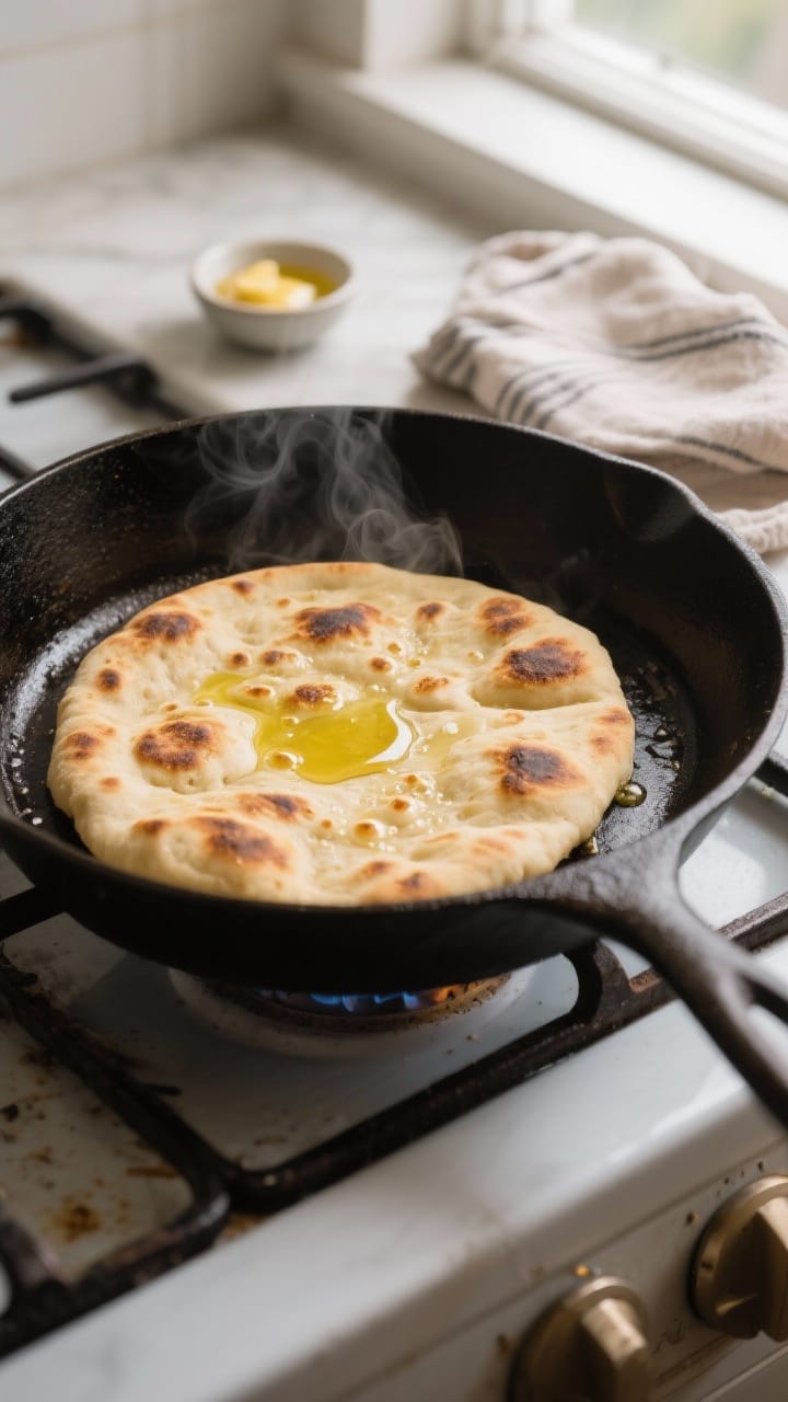Cooking process close-up: A no-yeast flatbread puffing in a cast-iron skillet over medium-high heat,