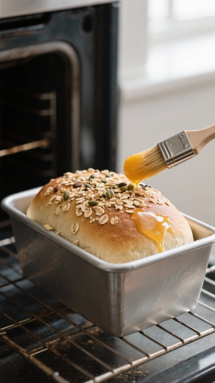 Cooking process close-up: A well-risen, domed loaf of one-bowl bread just brushed with glossy egg wa