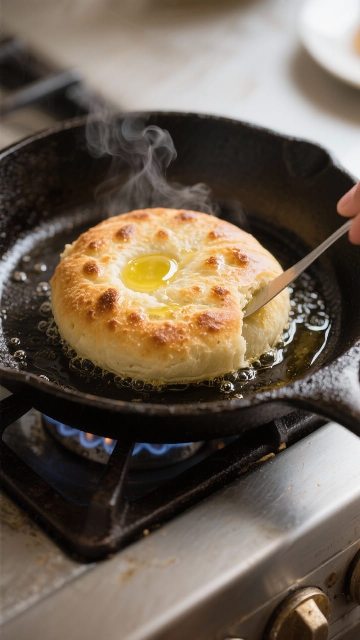 Cooking process, close-up detail: A cast-iron skillet over medium heat with a single pan bread round