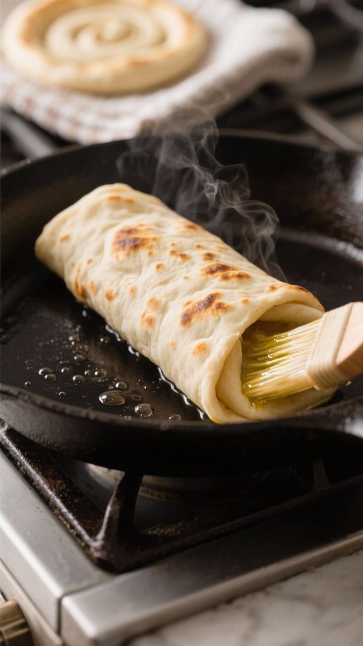 Cooking process, close-up detail: A rolled flatbread puffing on a preheated cast-iron skillet, captu
