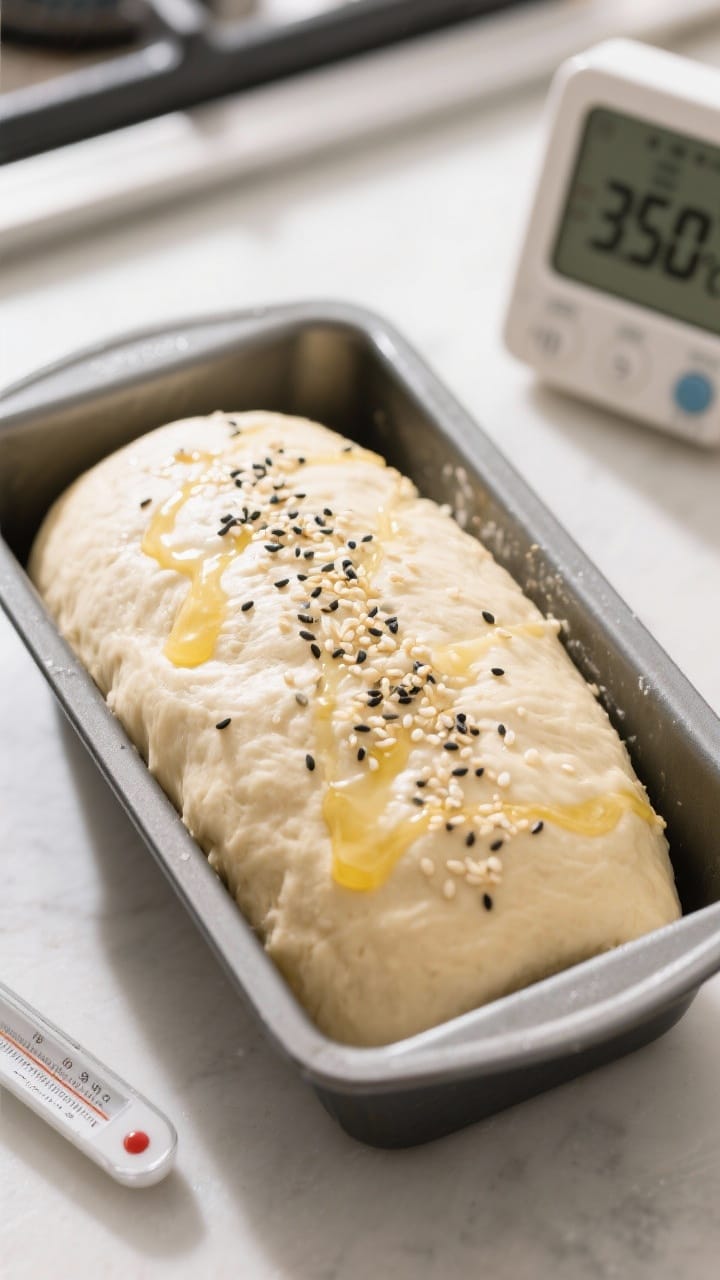 Cooking process: Overhead shot of a proofed, shaped loaf in a greased 9x5-inch pan, dough crowned ab