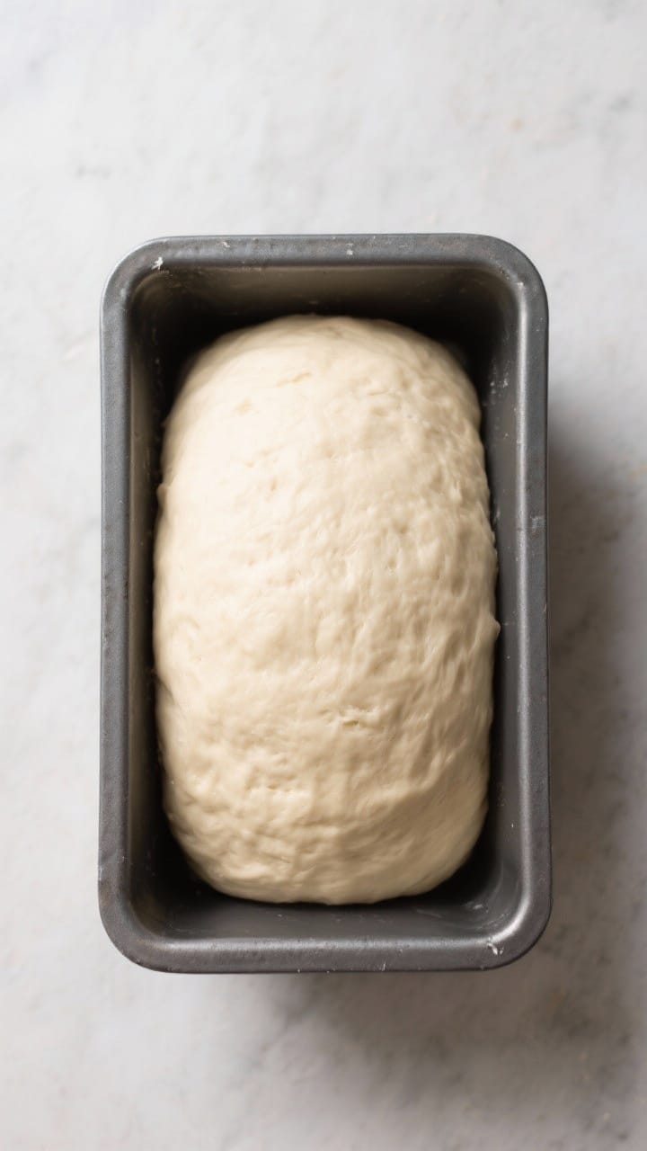 Cooking process: Overhead shot of a shaped pan loaf after the second rise, dough domed just above th