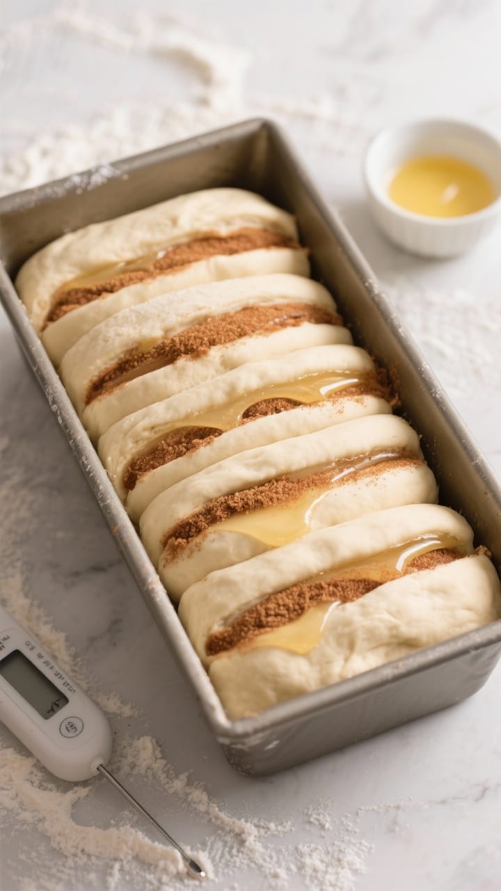 Cooking process: overhead shot of assembled stacked rectangles standing upright in a greased 9x5-inc