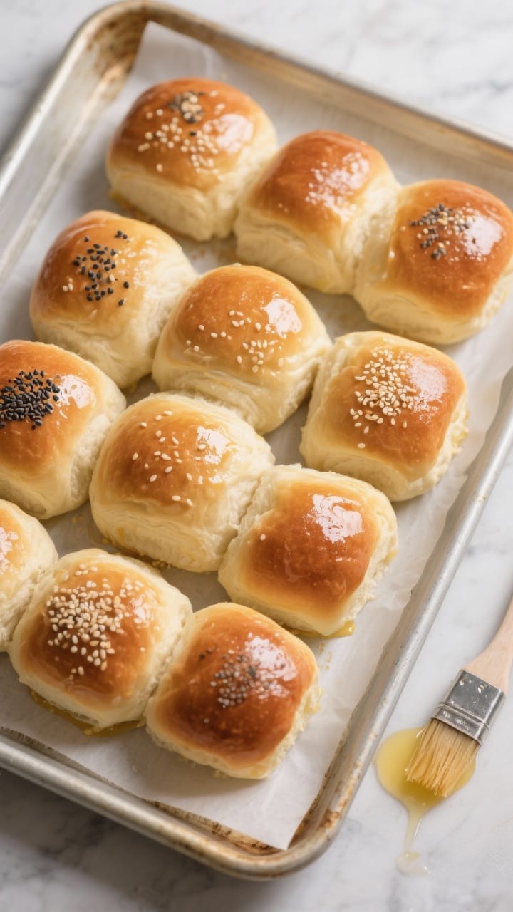 Cooking process: Overhead shot of glossy dinner rolls after egg wash, arranged evenly on a parchment