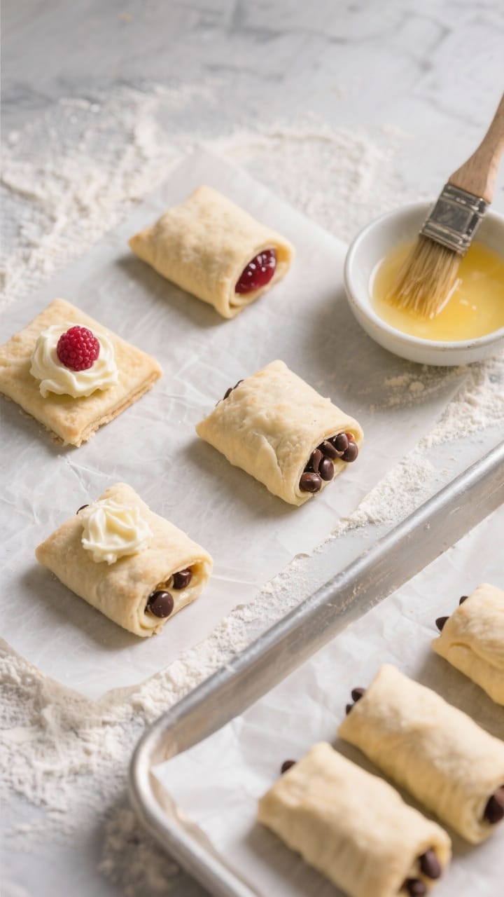Cooking process: Overhead shot of mini dessert rolls being shaped like tiny burritos on a lightly fl