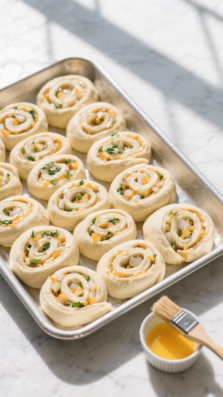 Cooking process: Overhead shot of sliced, filled dough spirals arranged cut-side up in a greased met
