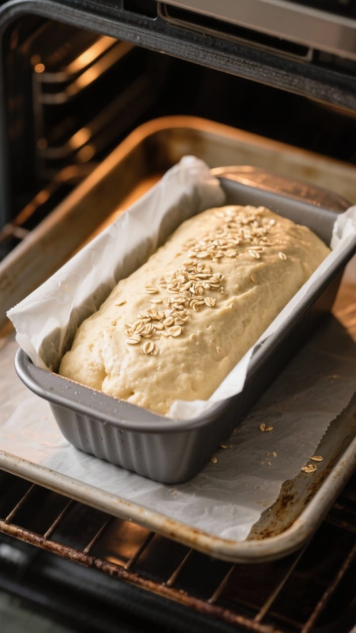Cooking process: Overhead shot of the proofed dough in a parchment-lined 9x5-inch loaf pan, risen to
