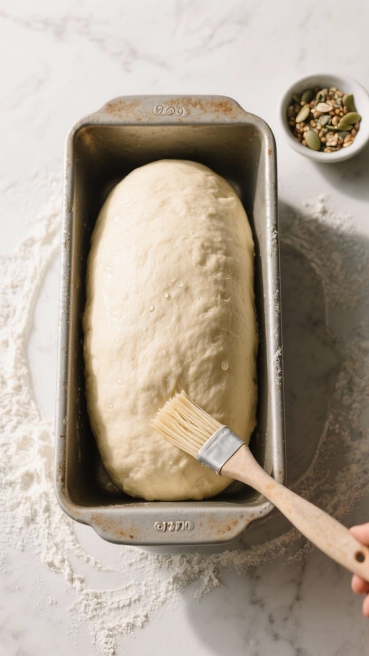 Cooking process: Overhead shot of the shaped loaf after the second rise, domed about 1 inch above a 