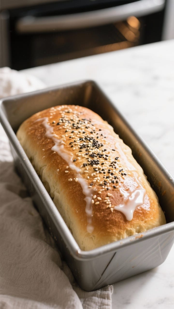 Cooking process: Overhead shot of the shaped loaf after the second rise in a greased 9x5-inch loaf p
