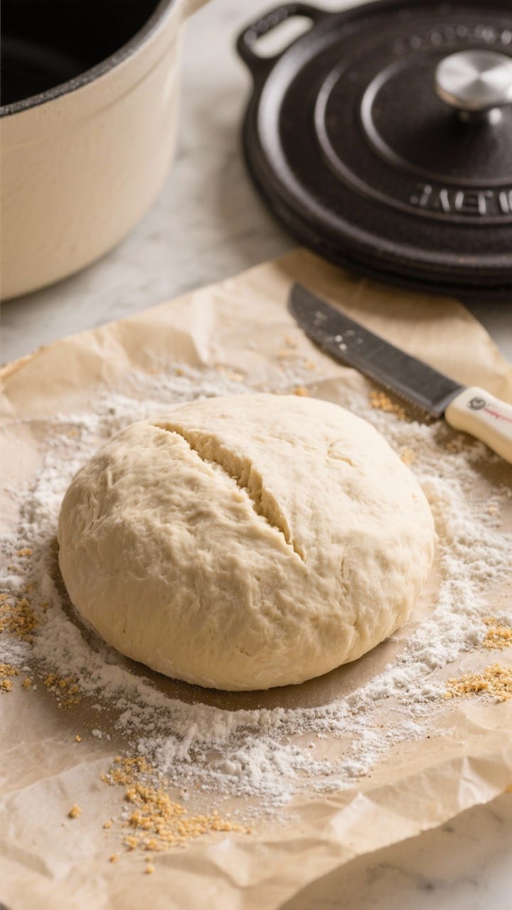 Cooking process: Overhead shot of the shaped, proofed boule on parchment dusted with flour and cornm
