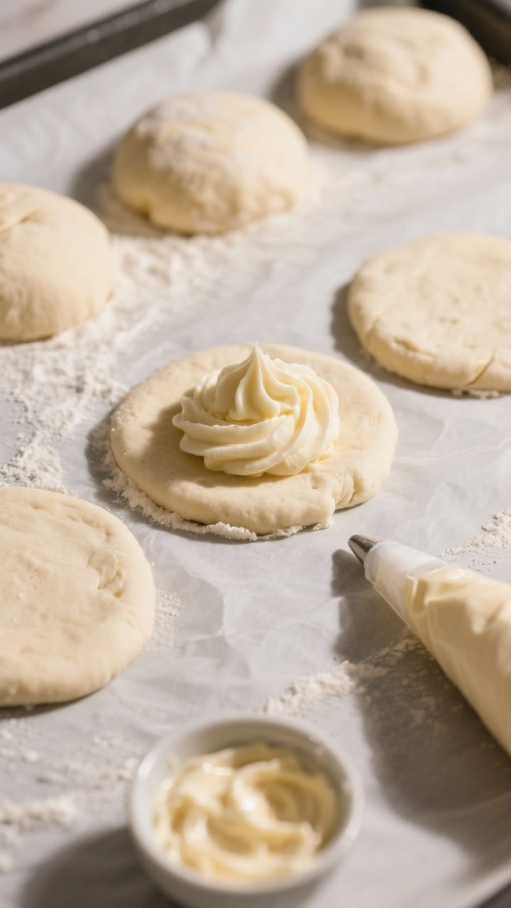 Cooking process: Shaping stage overhead shot—discs of risen dough on a lightly floured parchment s