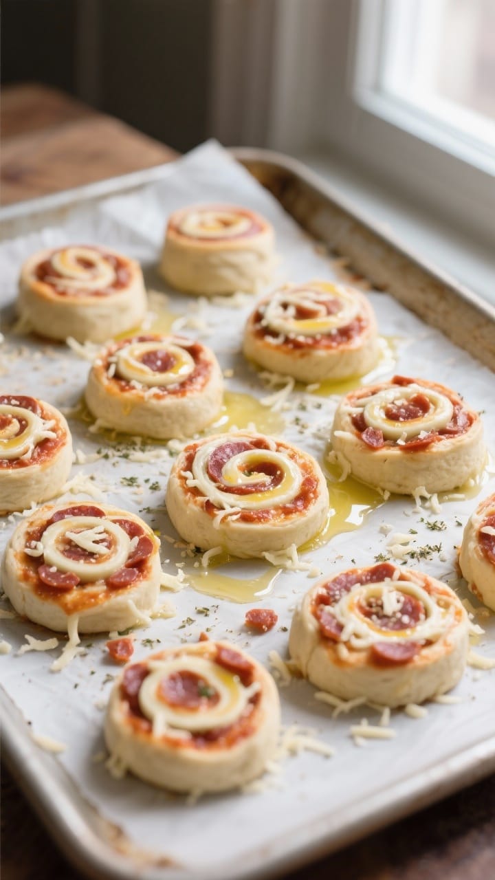 Cooking process shot: neatly sliced, chilled pizza roll rounds arranged cut-side up on a parchment-l