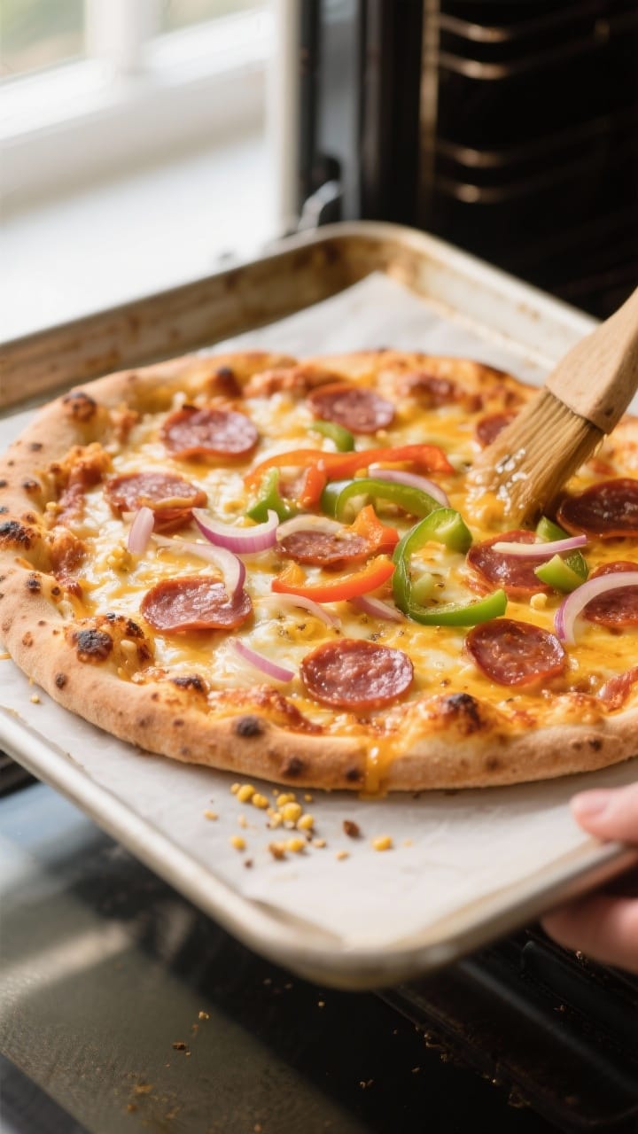 Cooking process shot: No-yeast pizza baking on parchment atop a preheated upside-down sheet pan at 4