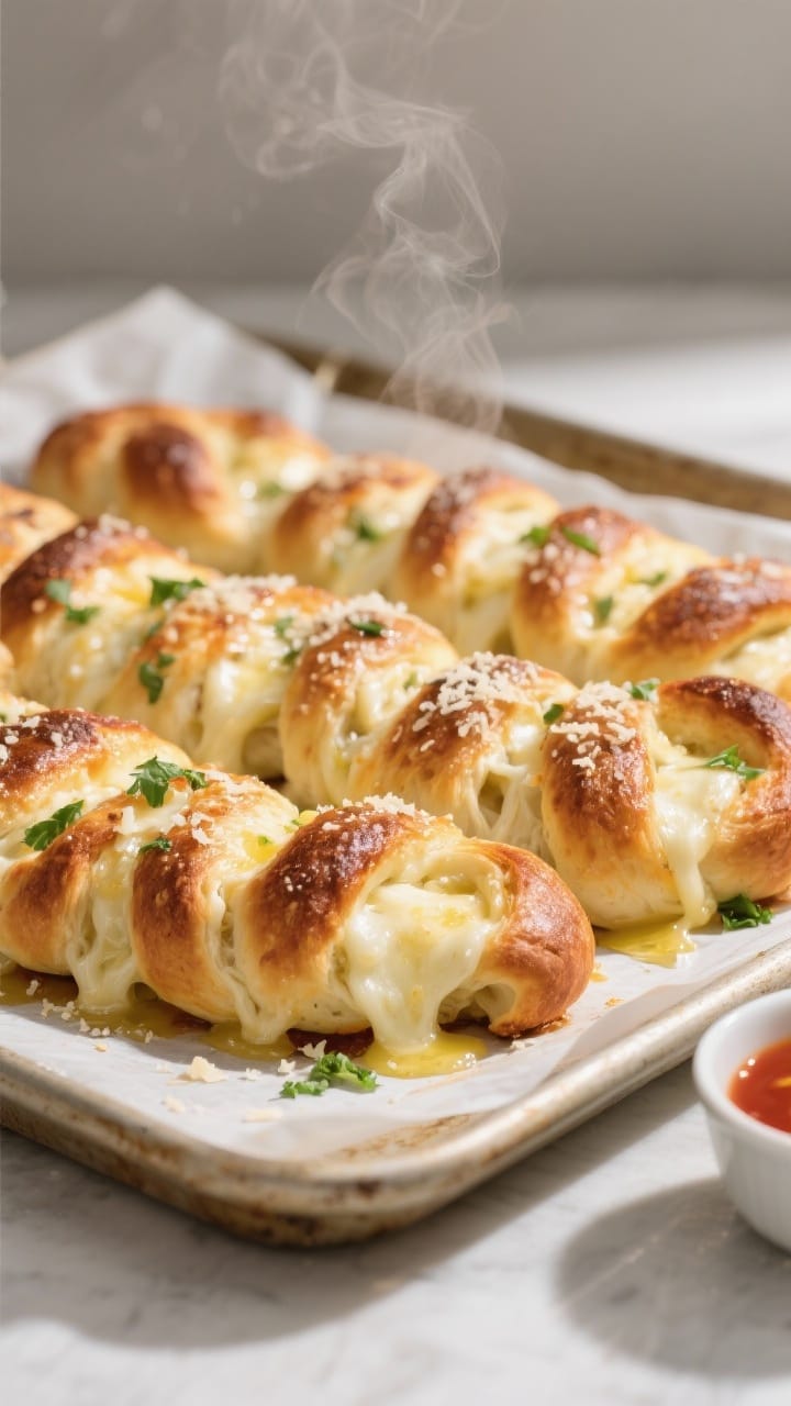 Cooking process shot of cheesy pull-apart knots on a parchment-lined sheet right after baking: knots
