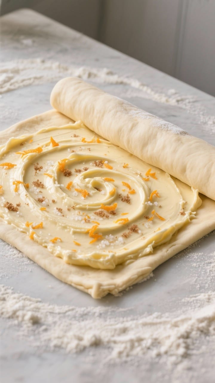 Cooking process shot: Overhead view of an 12x18 rolled dough rectangle being spread with the creamy 