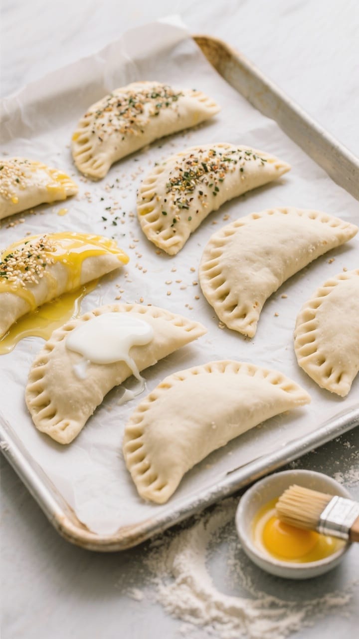 Cooking process shot: Overhead view of several half-moon pockets on a parchment-lined sheet pan righ