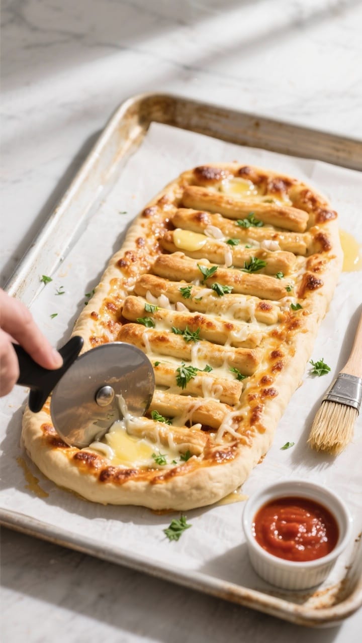 Cooking process shot: Overhead view of the shaped dough rectangle (fully baked and topped) being sli