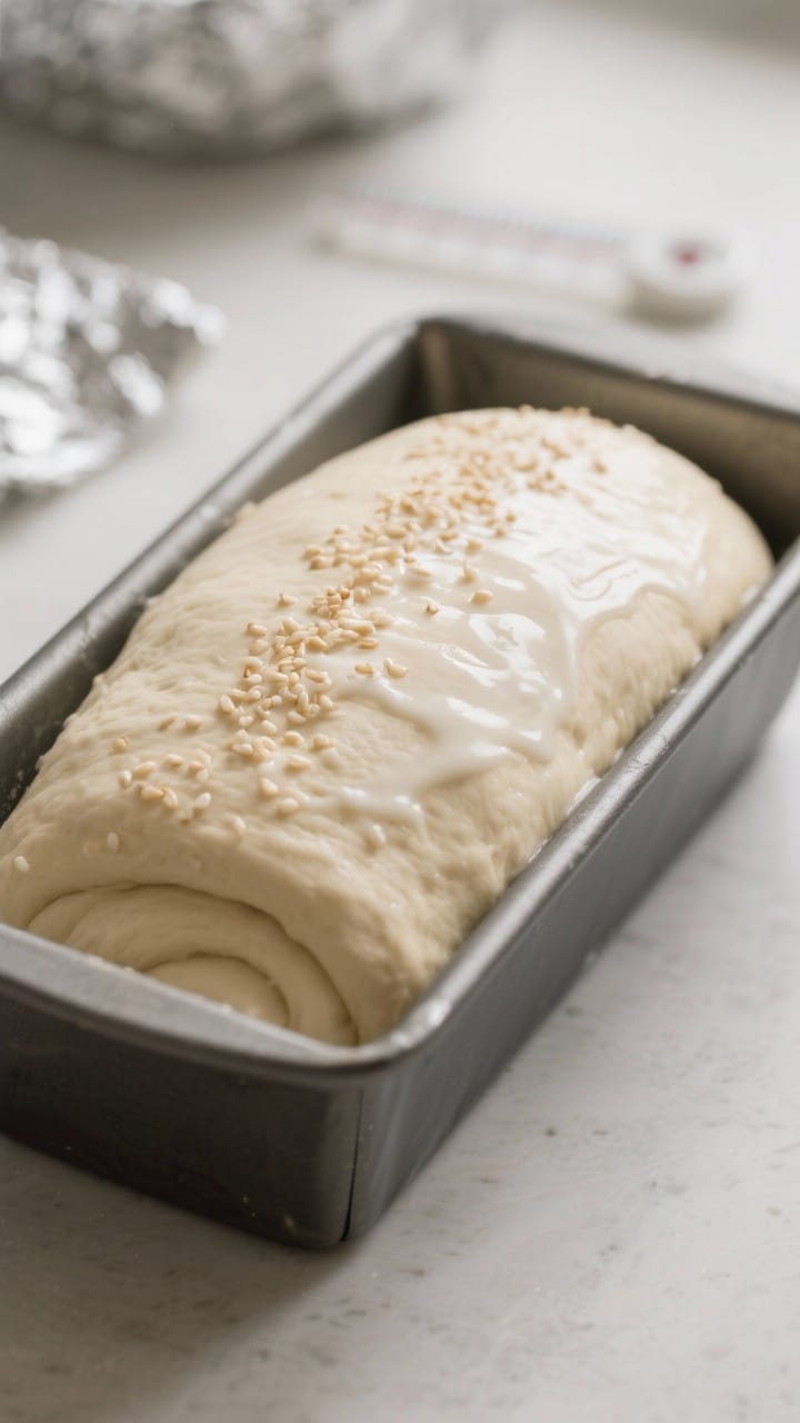Cooking process shot: second rise stage captured in the loaf pan—smooth, tightly rolled dough rise