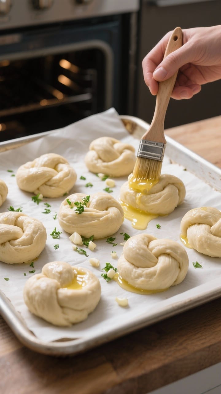 Cooking process shot: shaped, risen garlic knots on a parchment-lined baking sheet being brushed wit