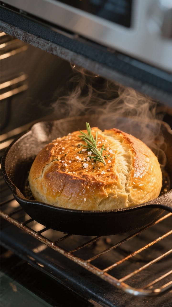 Cooking process — skillet bake: Golden, fully risen round loaf baking in a lightly oiled 10–12 i