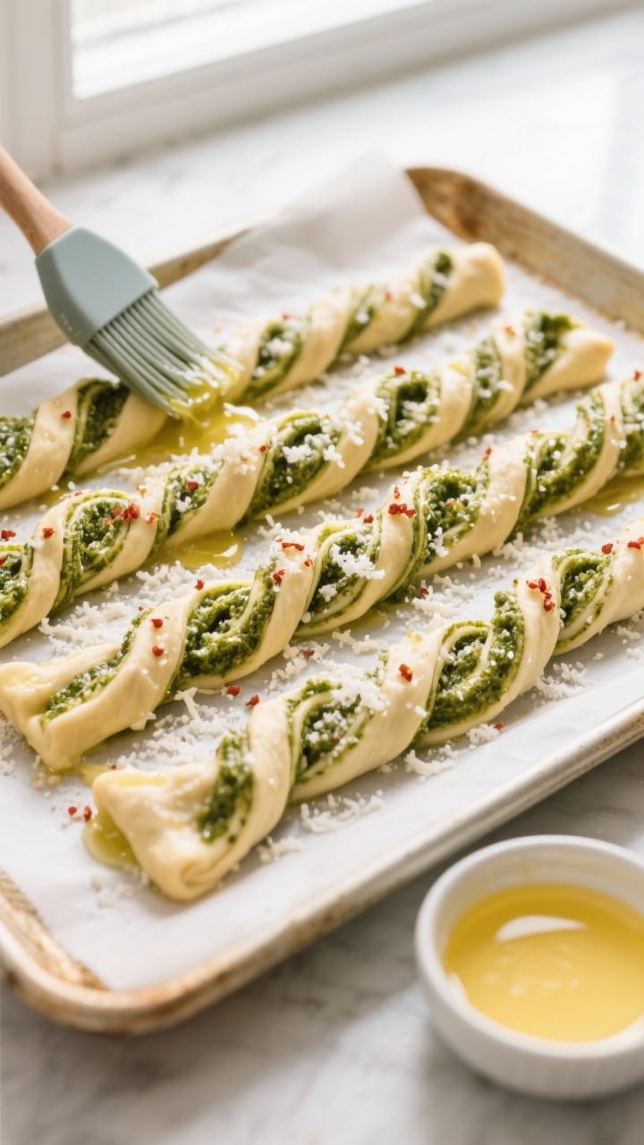 Cooking process: Twisted pesto Parmesan dough strips arranged on a parchment-lined baking sheet, mid