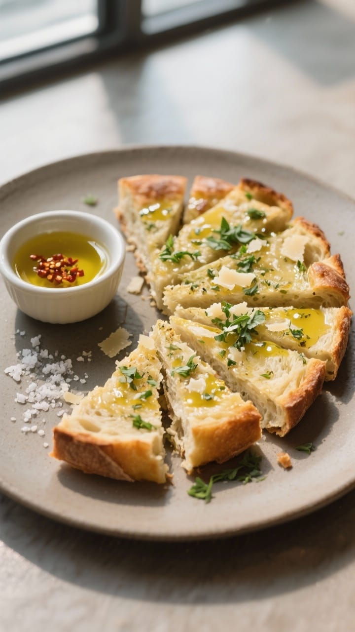 Final dish, plated serving variation: Beautifully plated herb-and-garlic pan bread brushed with oliv