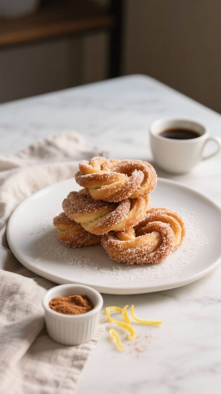 Final dish presentation: A plate of finished sugar-coated sweet dough twists stacked casually on a m