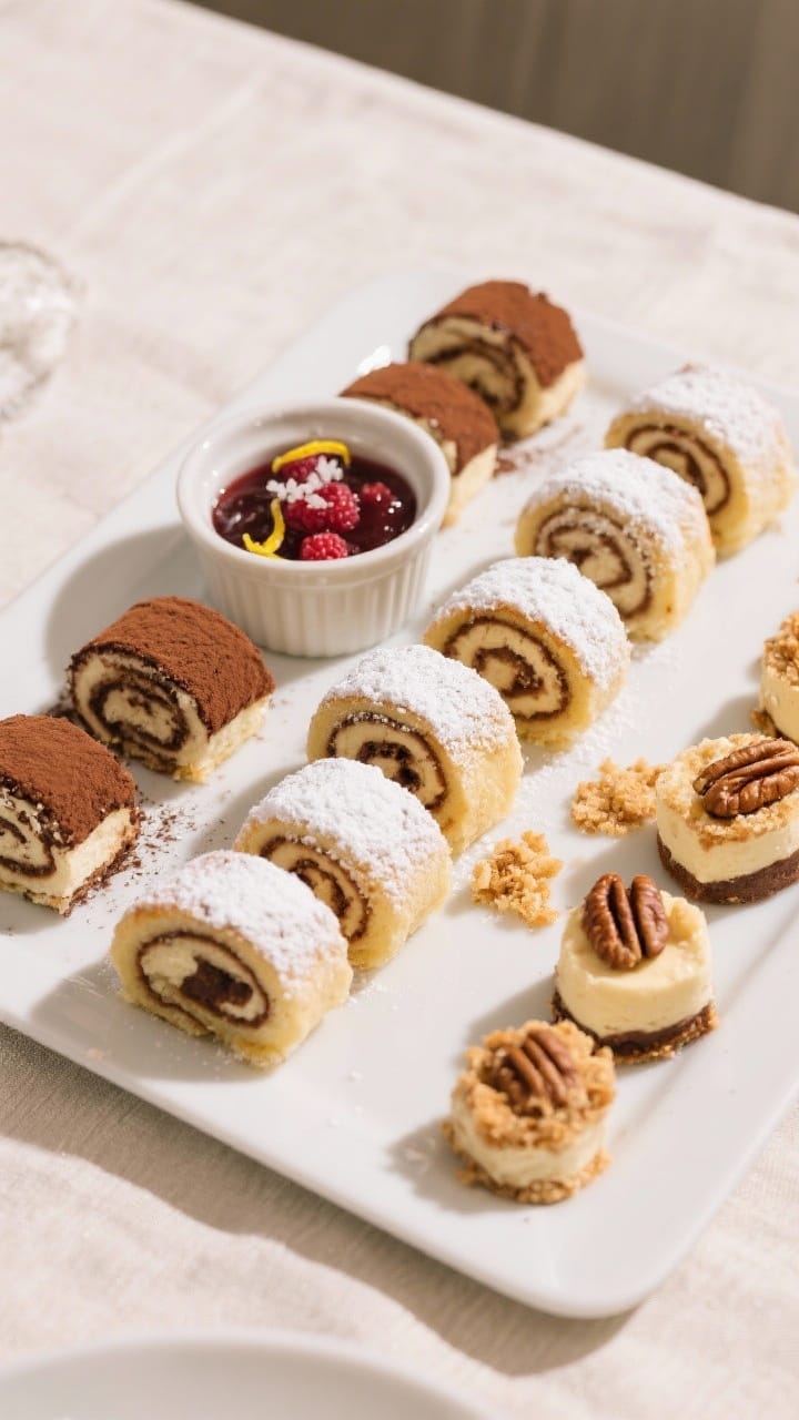 Final dish presentation: Beautifully plated party-ready assortment of mini dessert rolls on a simple