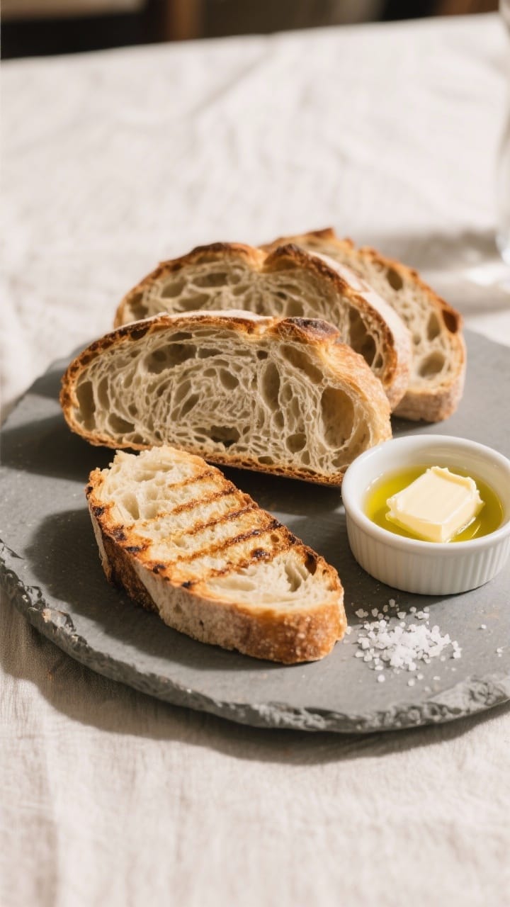 Final dish presentation: Beautifully plated slices of rustic farmhouse bread with an open, airy crum