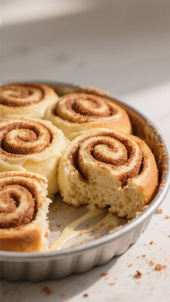 Final dish presentation: Cinnamon-sugar swirls baked to a light amber with visible spirals of brown