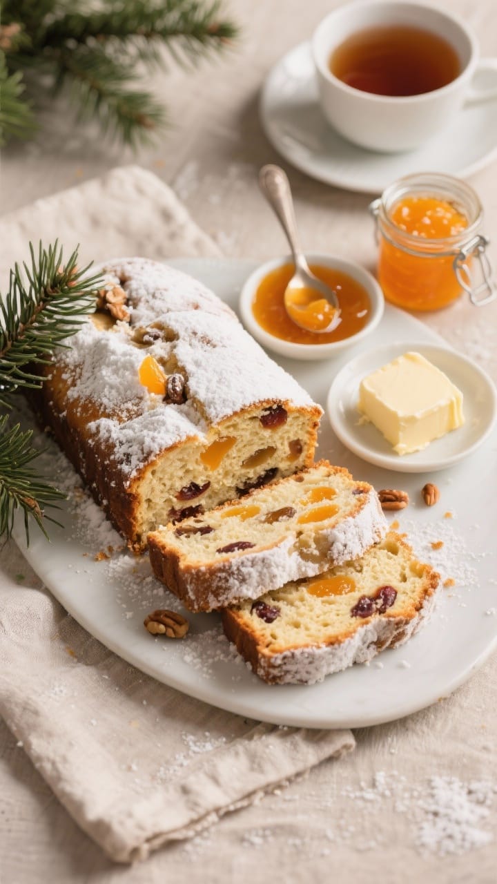 Final dish presentation: Overhead, brunch-table scene featuring thick slices of the holiday dessert 