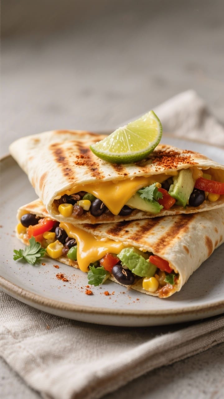 Final dish presentation: Panini-pressed Tex-Mex flatbread wrap with golden grill marks, cut into hal