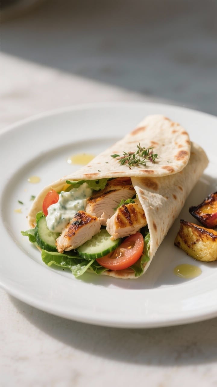 Final dish presentation, plated wrap: Beautifully plated flatbread wrap filled with grilled chicken,