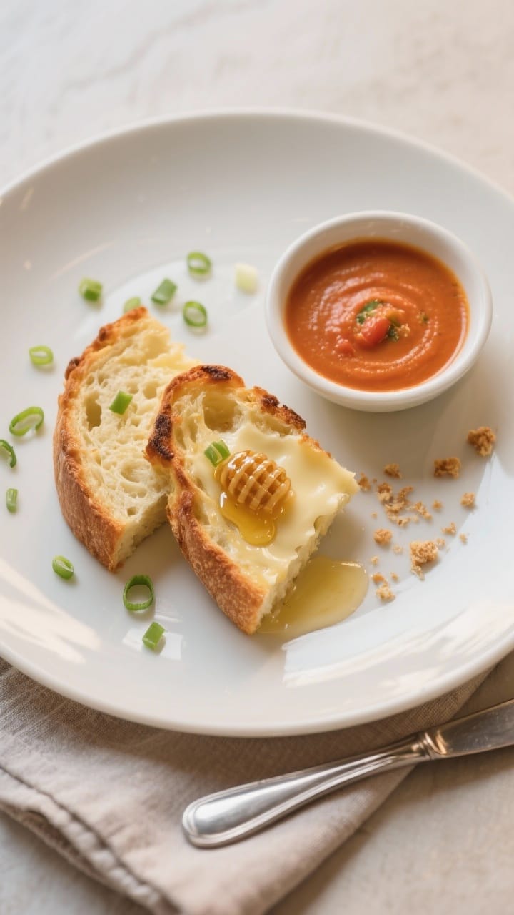 Final dish presentation: Restaurant-quality plated serving—two warm slices of baked cheese bread o