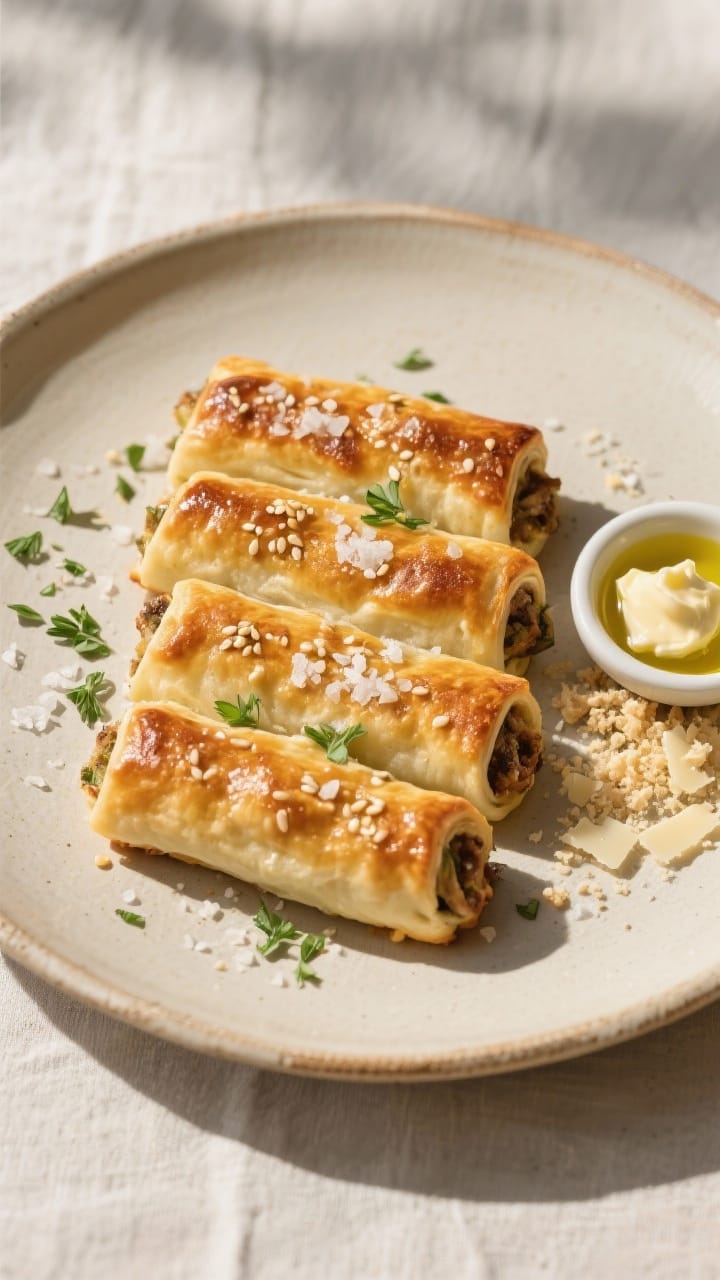 Final dish presentation: Restaurant-quality plating of oven-baked savory rolls on a neutral ceramic 